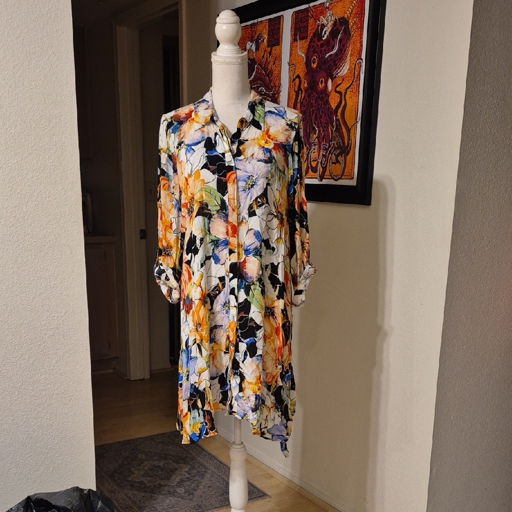 Cupio Roll-up Sleece Button Up Tunic Mini Shirt Dress